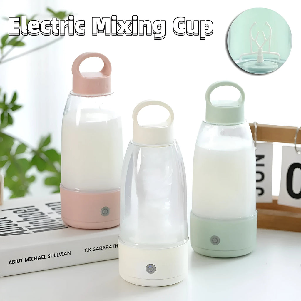 Automatic electric shaker bottle with USB charging port in green, pink, and white colours.