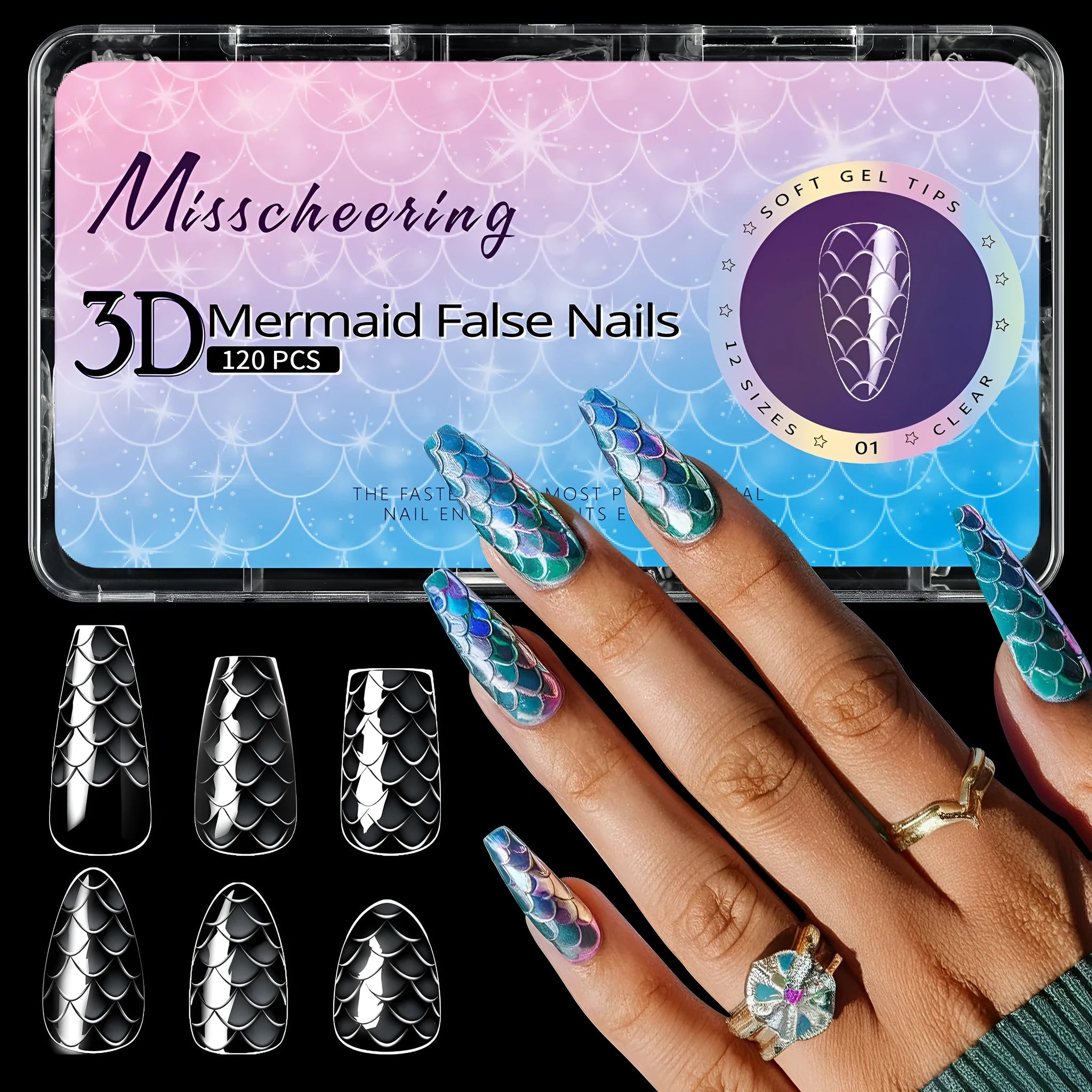 3D scale long shaping nail tips in colour-coded boxes containing 120 or 140 pieces