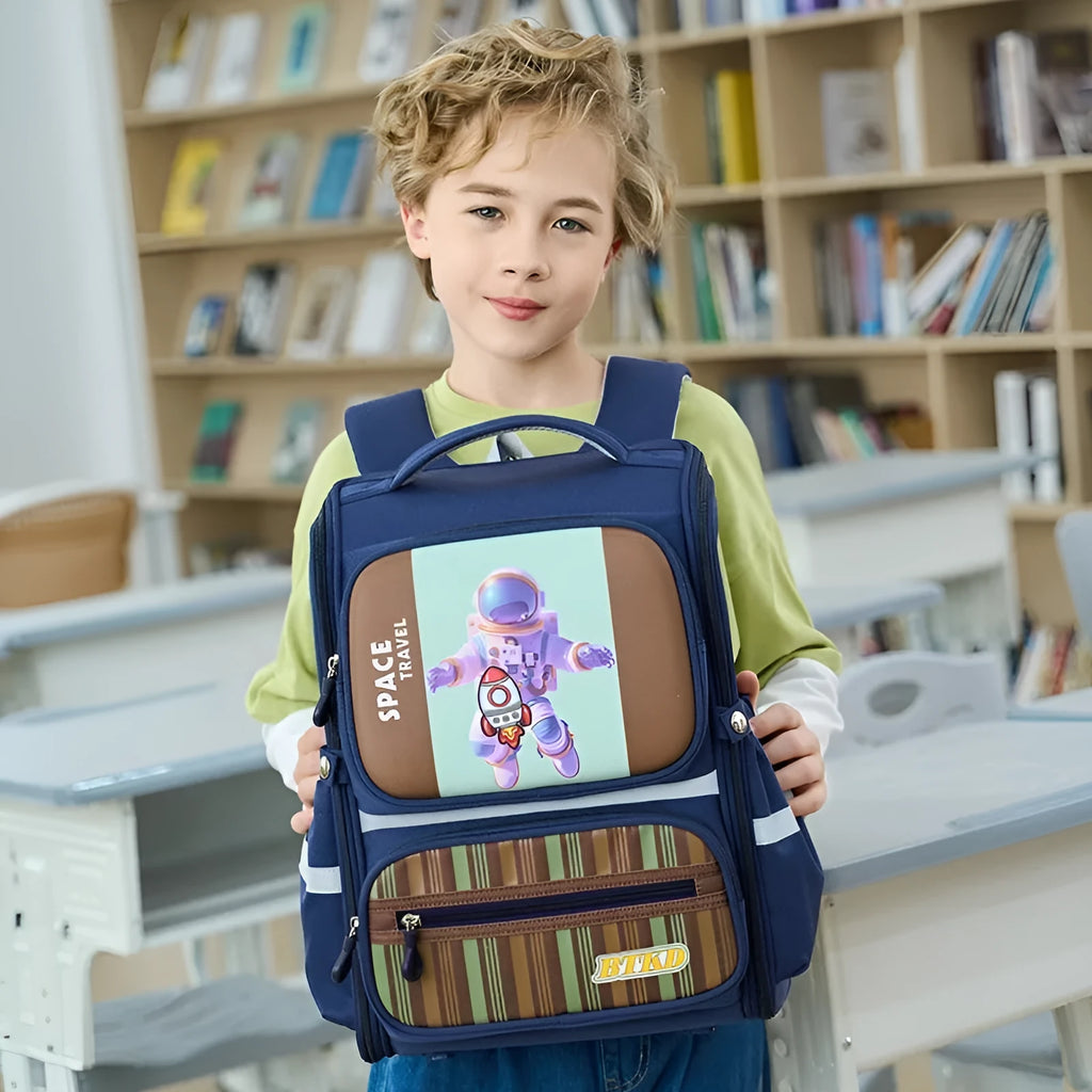 Childlike cute astronaut schoolbag in Dark Blue & Red with geometric pattern and air pillow belt