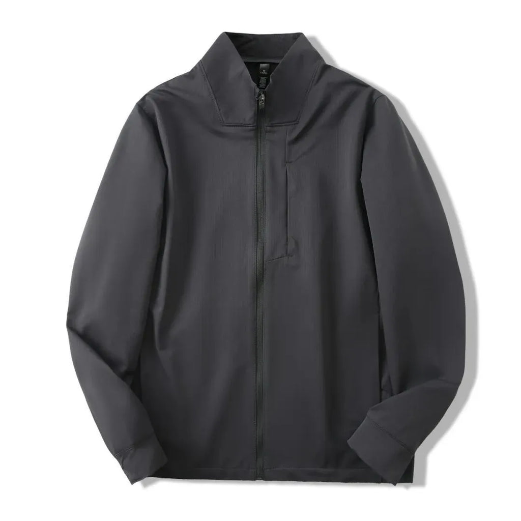 Men's beige stand collar casual sports jacket with long sleeves on a hanger.