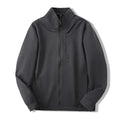 Men's beige stand collar casual sports jacket with long sleeves on a hanger.