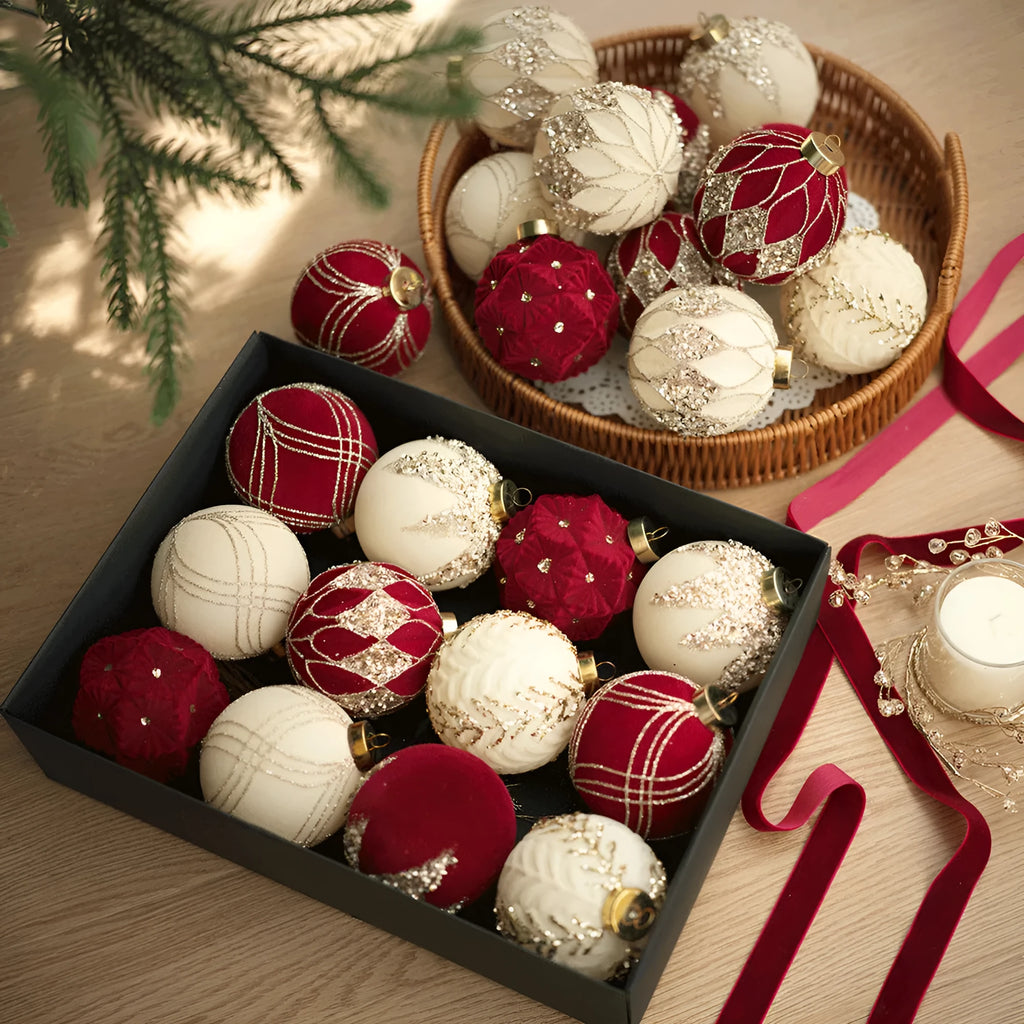 Flocked Christmas ball pendants in wine red, milky white, and Maillard, supplied in a 12-piece paper box