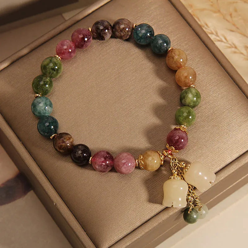 Colour tourmaline bracelet with round beads and lily pendant, jade material, female style