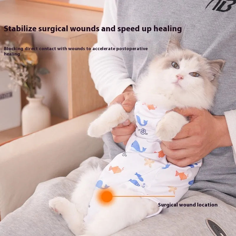 A cat wearing a printed polyester recovery suit with Velcro fastening on its side.