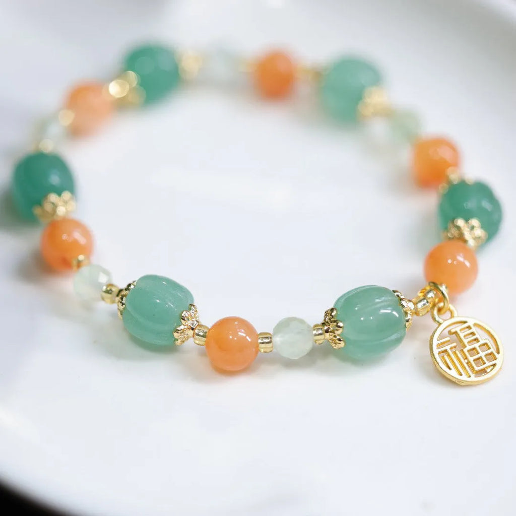 Chinese style Jinsi Jade Duobao pumpkin bracelet with Prehnite stones for 14-16.5cm wrists
