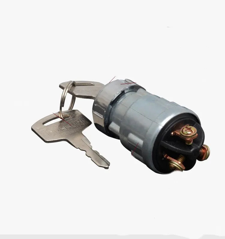 Pure copper vehicle ignition switch with a matching key on a white background.