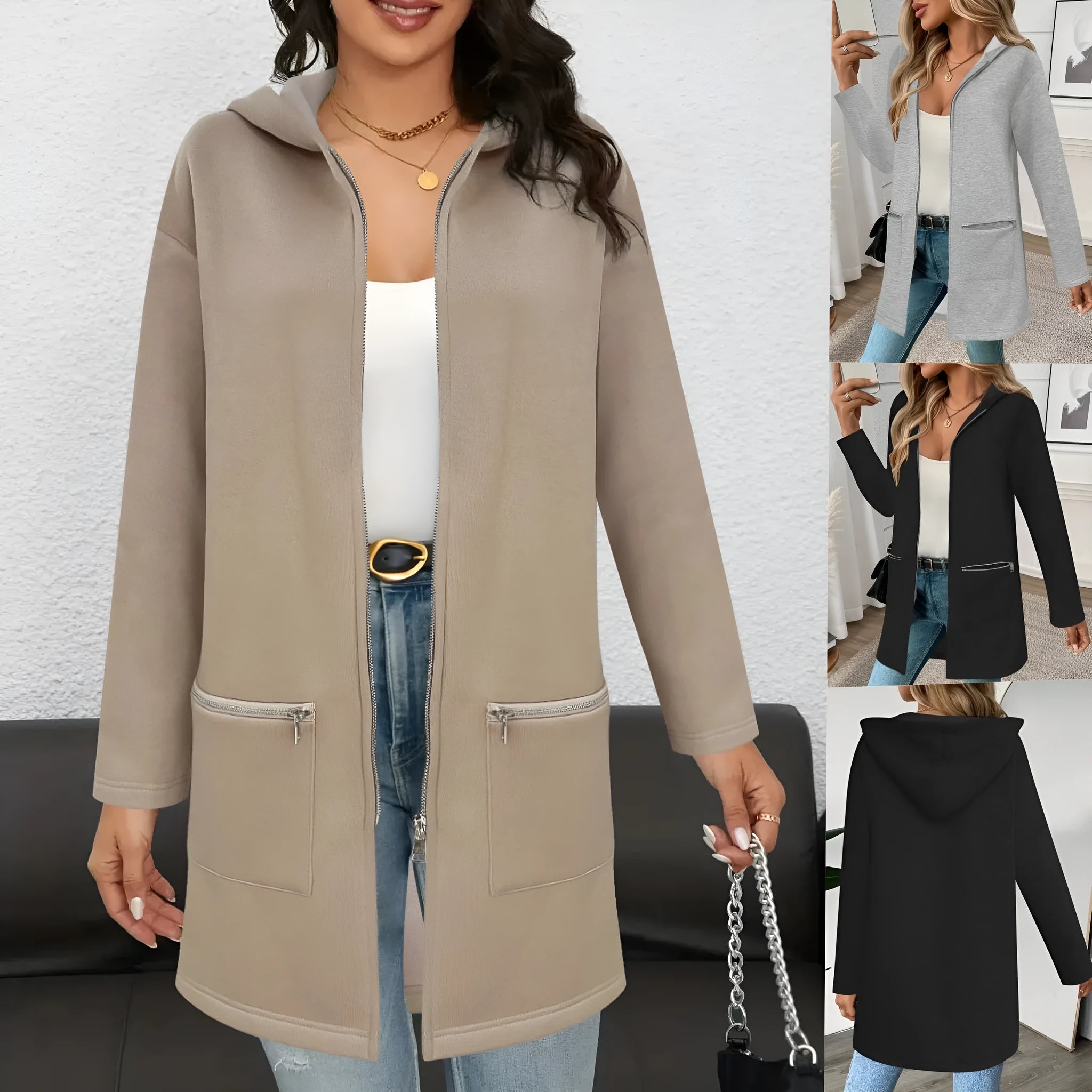 Loose fit women's mid-length cardigan coat in polyester, shown in grey, black or khaki with pockets.