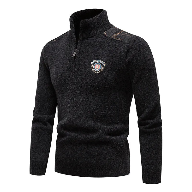 Men's stand collar velvet sweater in beige, dark grey, black, or navy blue.