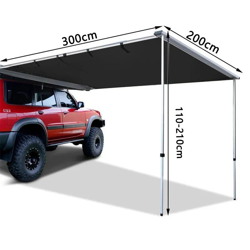 Black glue waterproof single-layer camping tent with aluminium poles and Oxford cloth base.