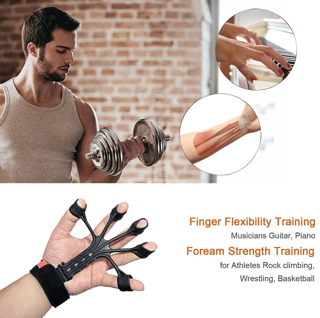 Black and grey silicone finger flexion extension trainer with adjustable elastic belts laid flat.