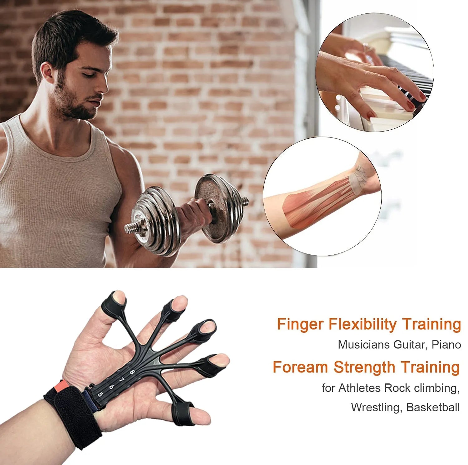 Black and grey silicone finger flexion extension trainer with adjustable elastic belts laid flat.