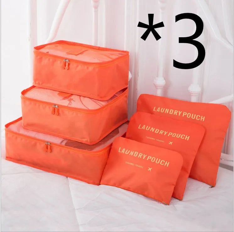 6 PCS travel storage bag set in polyester with handbag shape, multiple colour options for clothes and cosmetic organisation