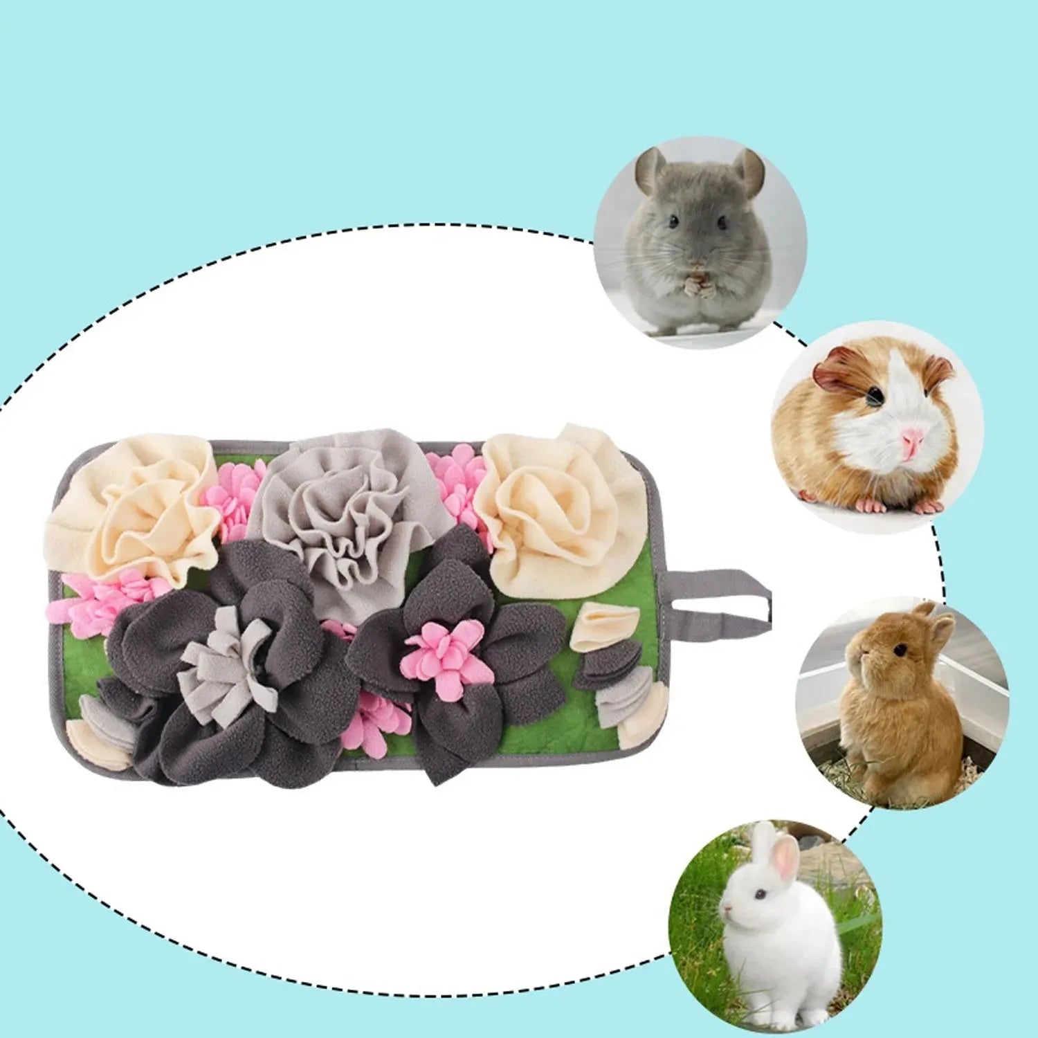 Square grey Totoro design rabbit foraging mat measuring 50cm for guinea pig enrichment