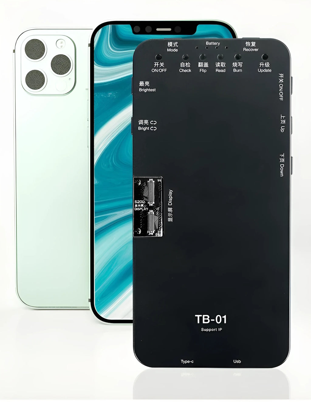 Intelligent mobile phone screen tester with connectors for Apple and Android smartphones