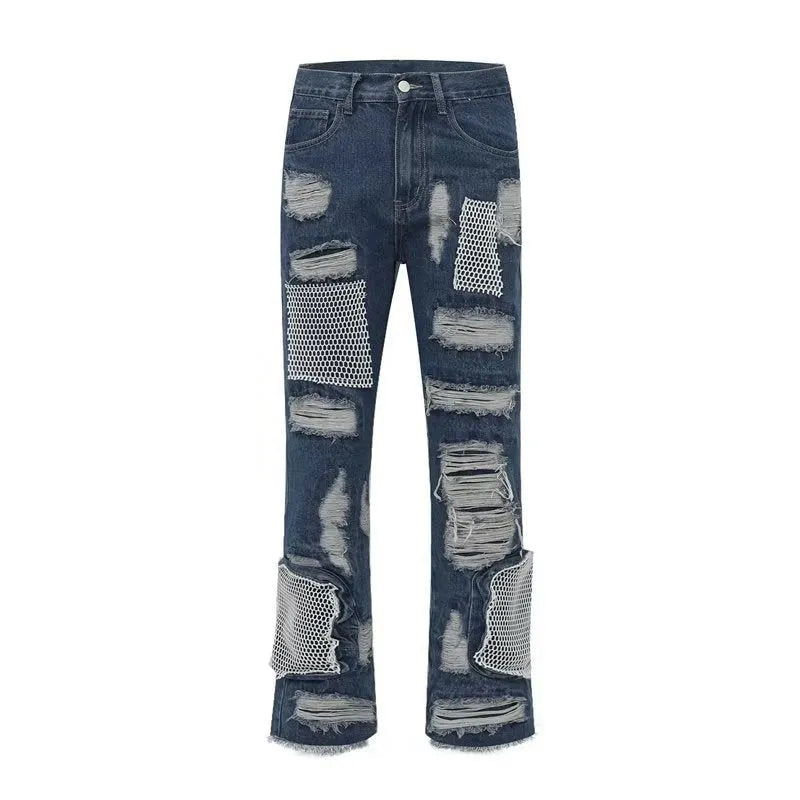 Men's heavy industry hole and patch straight jeans in black or blue, mid waist, cotton, sizes XL 2XL 3XL