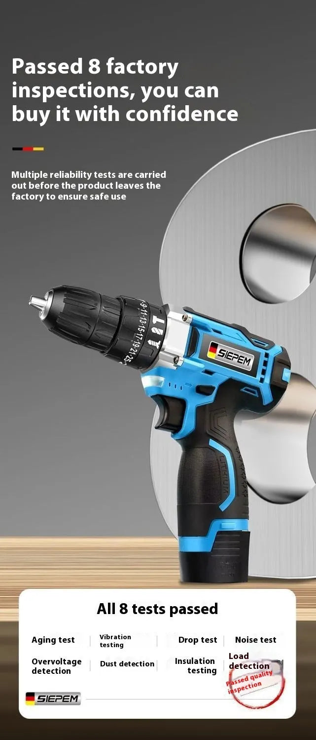 12V cordless impact pistol drill and electric screwdriver set in a box.