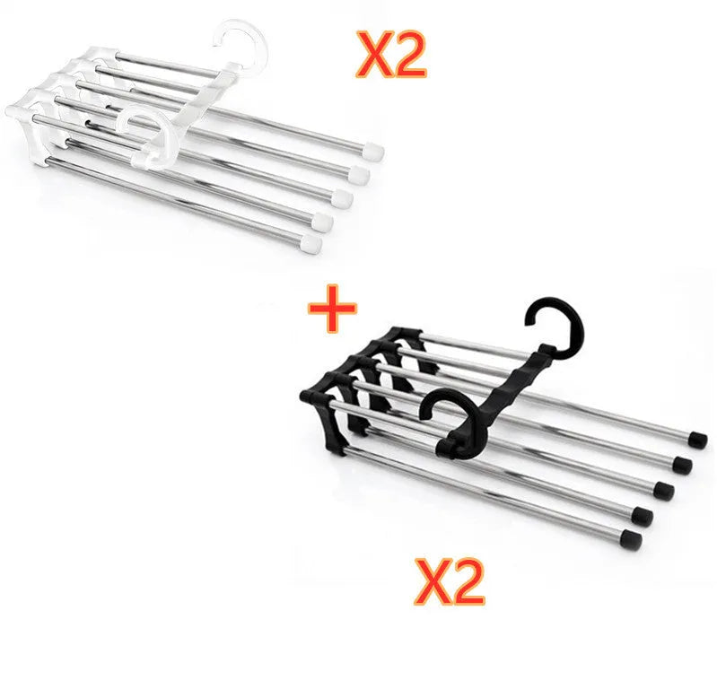 Black stainless steel magic wardrobe hanger with five booms for trousers.