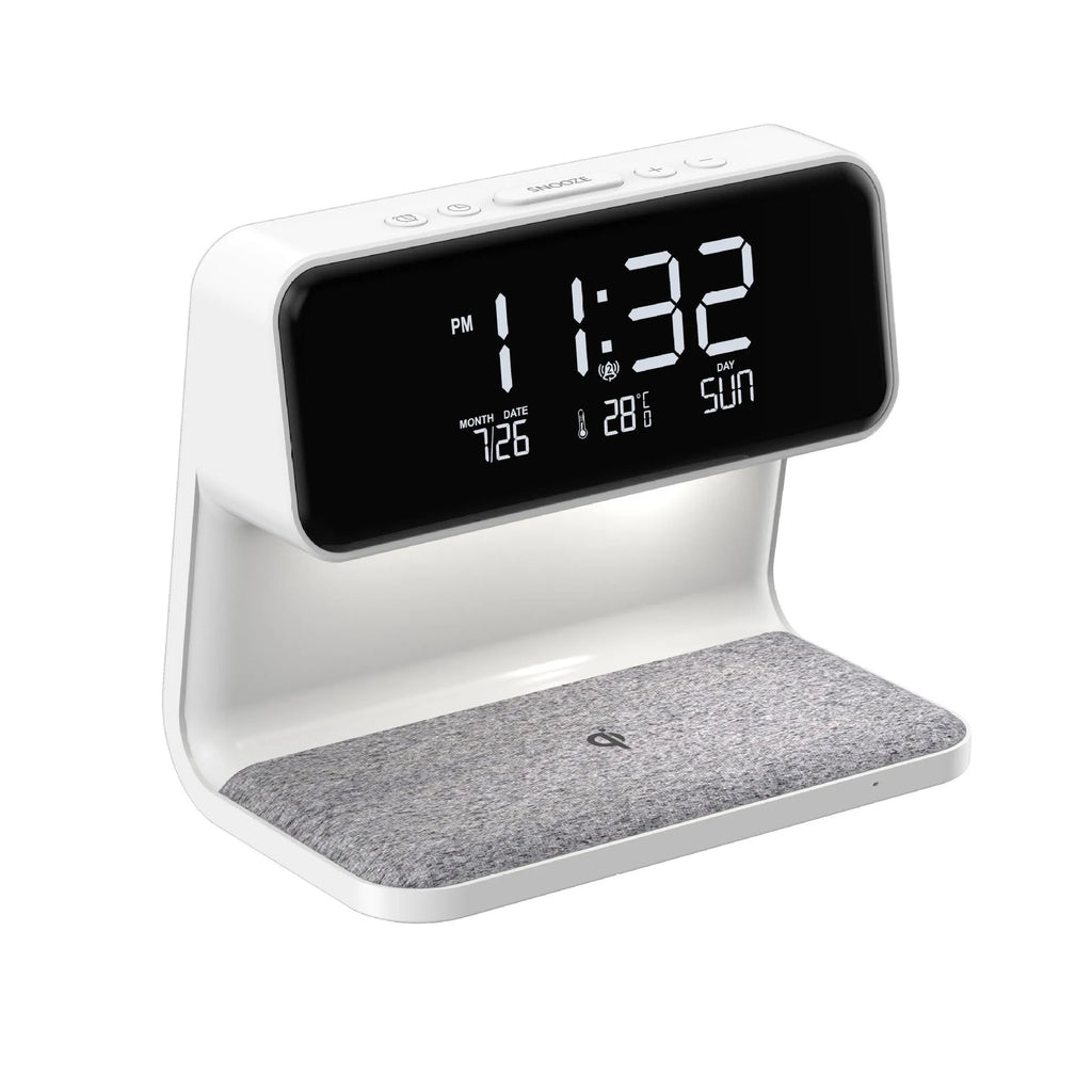 White 3-in-1 bedside table lamp with wireless charging pad, LCD screen, and touch dimmer.