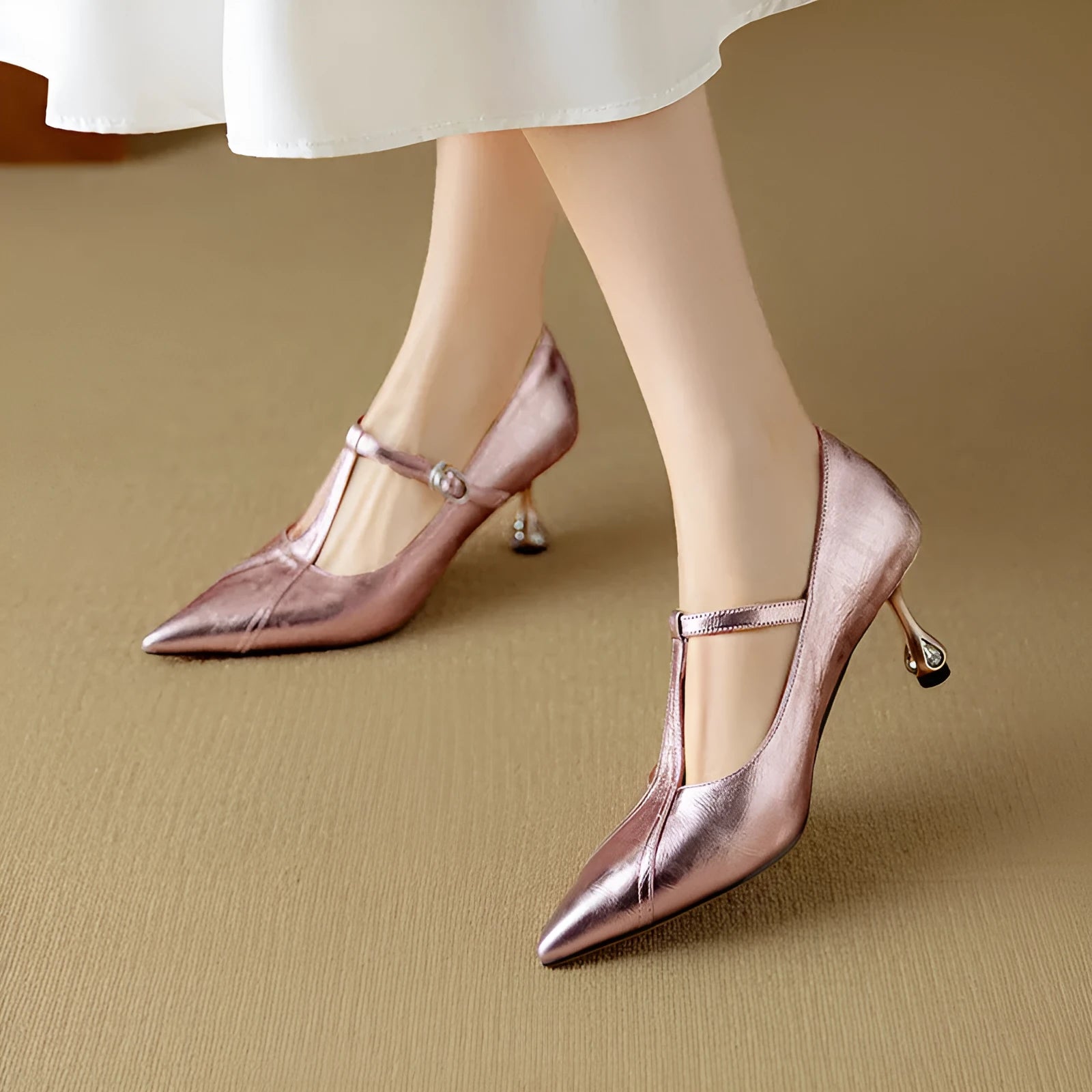 Women's genuine leather Mary Jane high heels with chunky heel in gun colour
