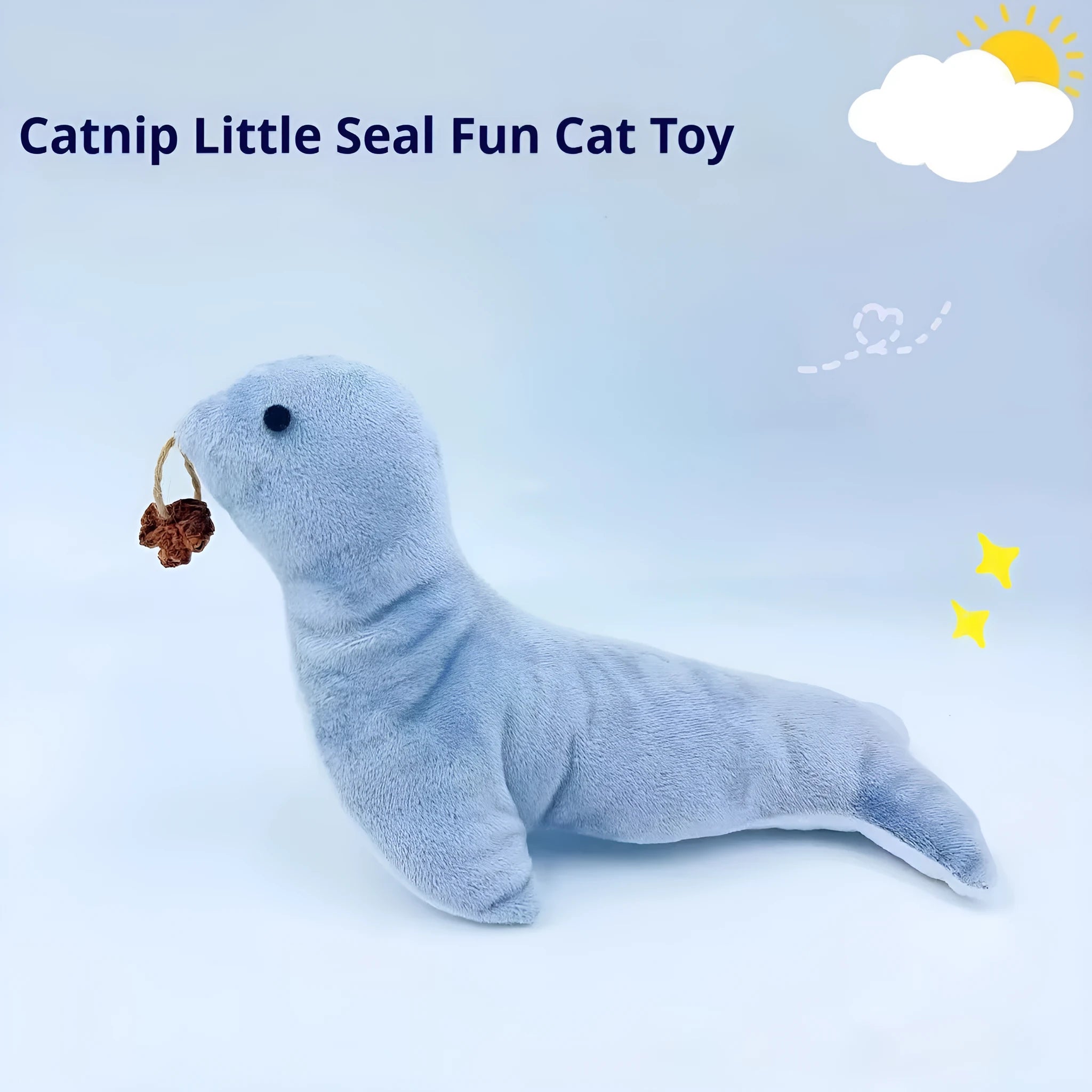 Blue sea lion plush cat toy with bell and catnip gall fruit for interactive play