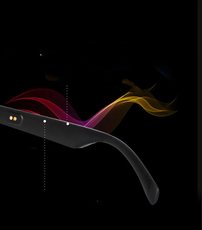 Semi-open Bluetooth smart glasses with PC+ABS frame and anti-blue light lenses on a black background.