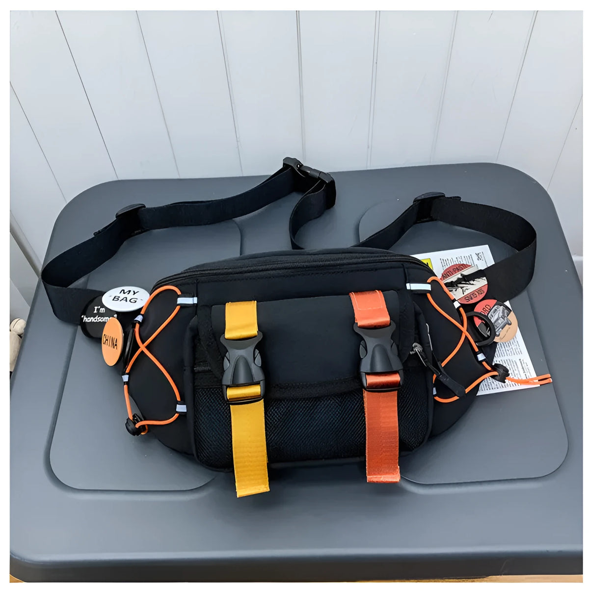 Ladies nylon crossbody messenger bag in black, white or blue with badge and zip closure