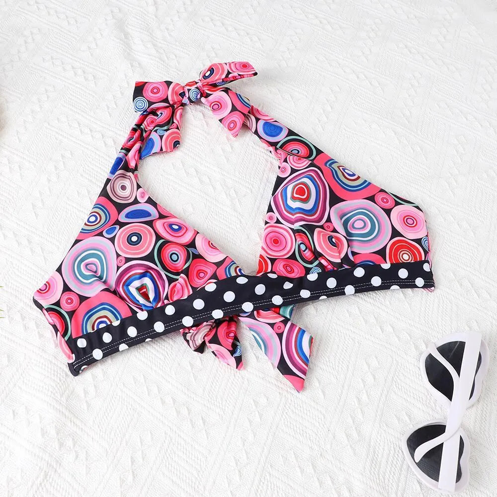 Women's printed high waist split bikini suit in striped pattern, quick-drying polyester spandex