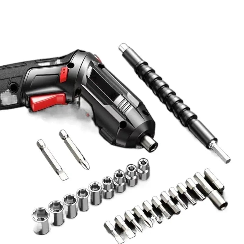 Cordless electric screwdriver tool with lithium battery, presented in a strong fabric utility bag.