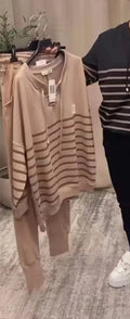 Women's striped two-piece sweatshirt and sweatpants set in black or khaki, loose long sleeve casual outfit, sizes S to XXXL