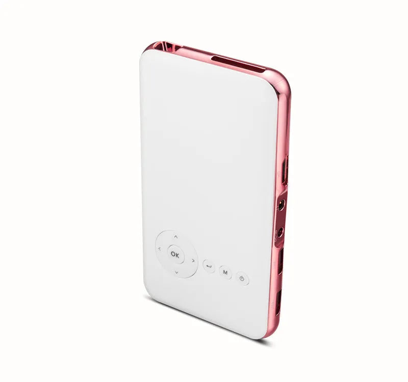 White and rose gold M6S miniature portable Android smart projector with compact design.