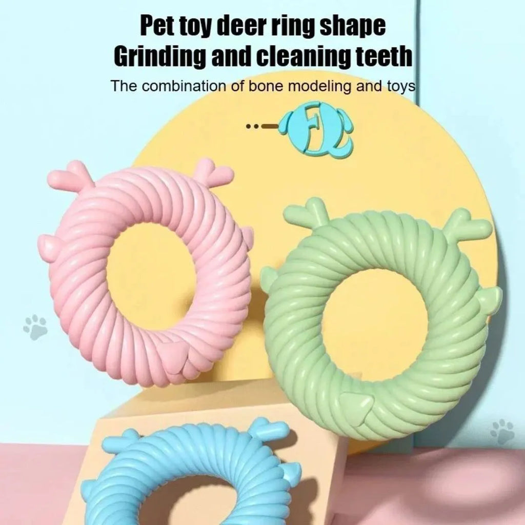 Deer-shaped blue dog chew toy with spiral grooves for teeth cleaning, shown next to a measuring tape indicating its 13cm size.