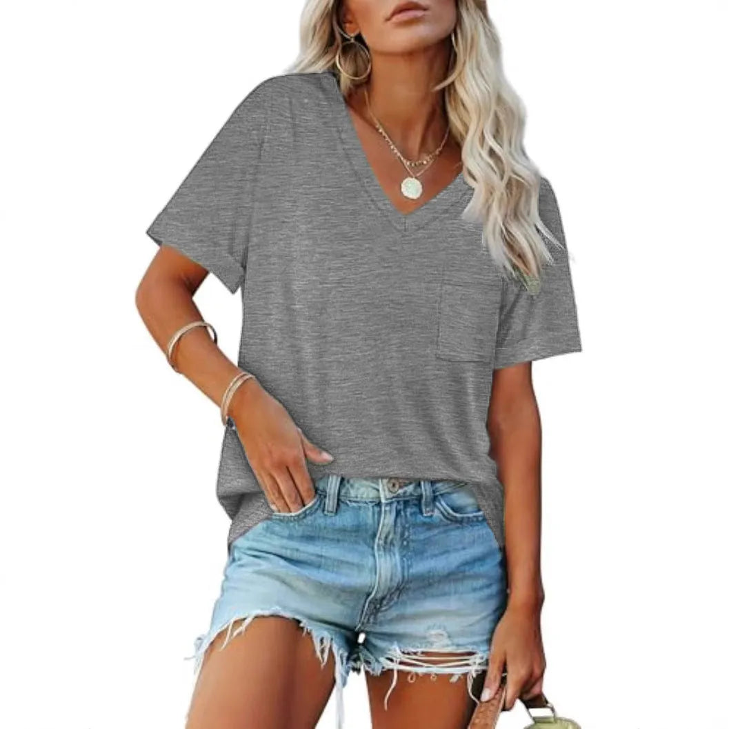 Grey loose fit V-neck short sleeve t-shirt with a chest pocket on a hanger.