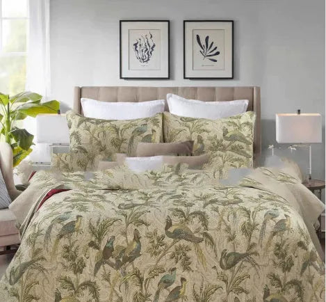 Blue cotton bedspread with American floral and bird pattern, part of a 3-piece quilt set.