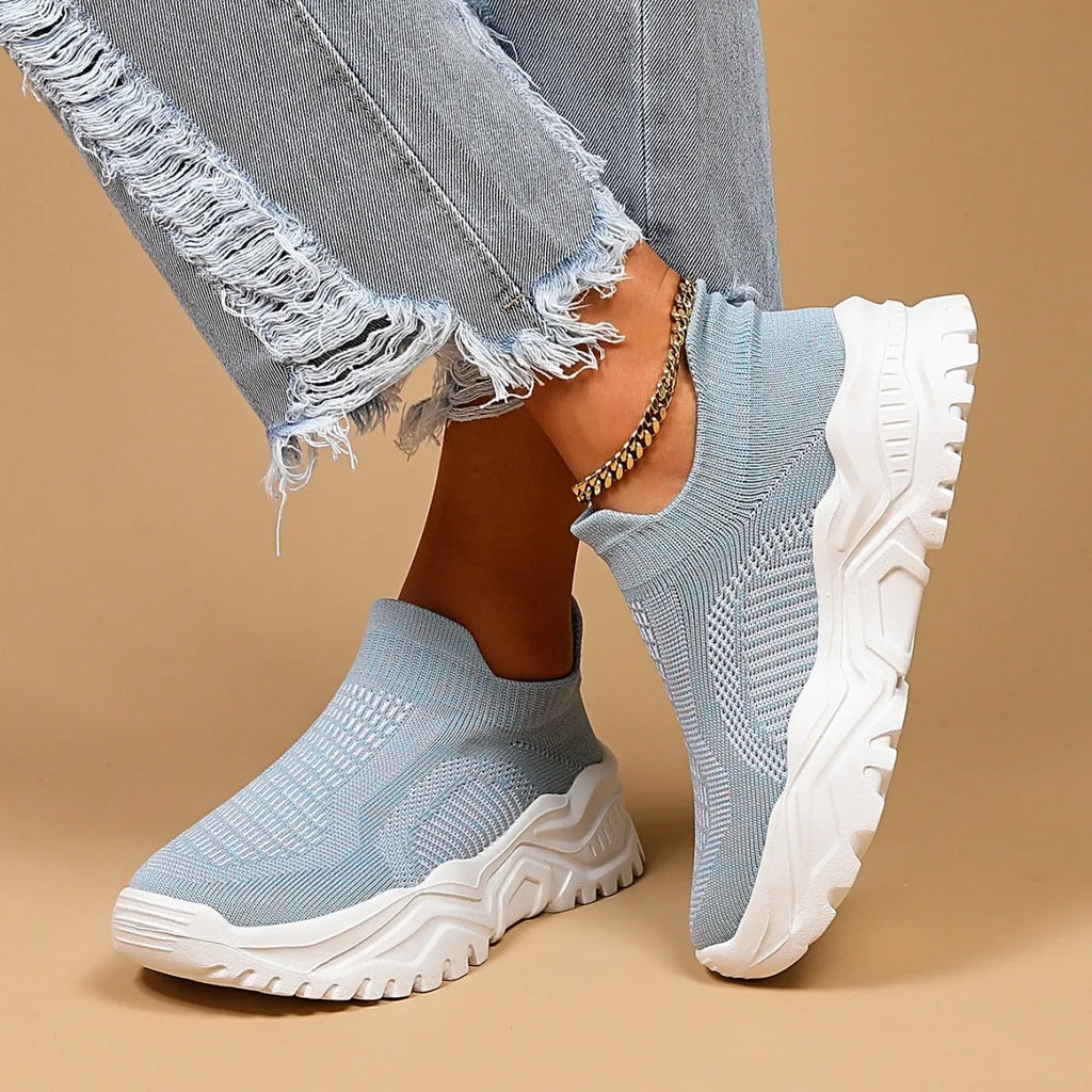 Light blue women's mesh slip-on casual sports shoes with round toe and mid heel