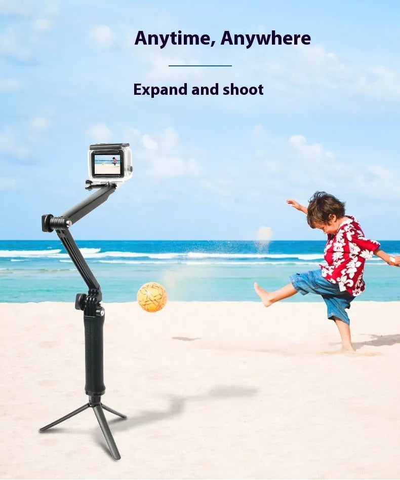 Black folding tripod with GoPro camera bracket shown extended for use and folded for storage