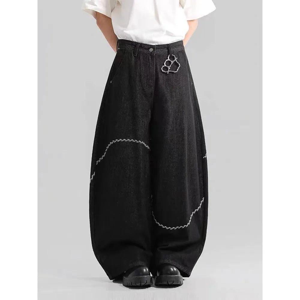 Black straight-leg denim trousers with micro-elastic fabric for autumn and winter wear