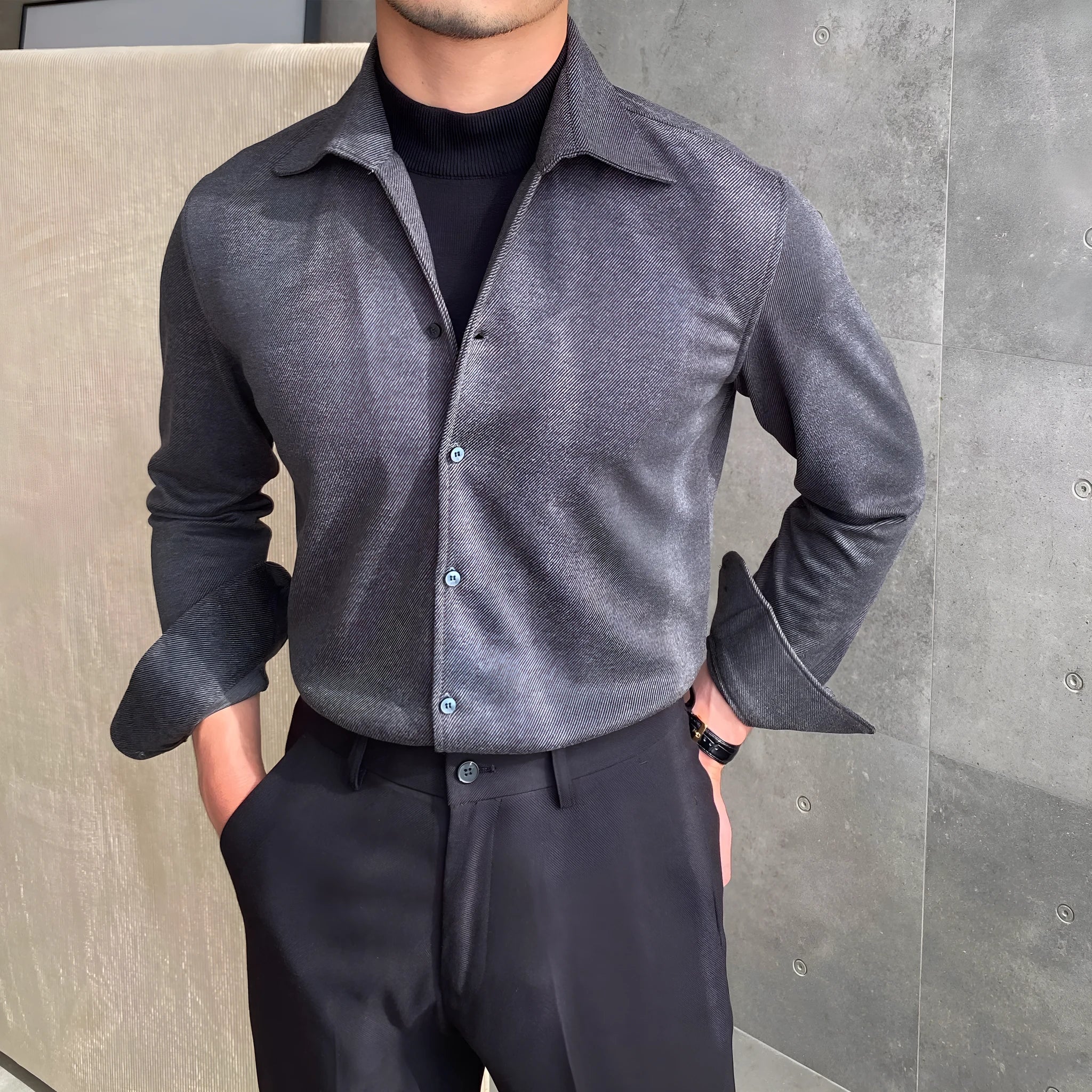 Casual men's shirt in blue with asymmetric design, viscose polyester blend, sizes M to 4XL