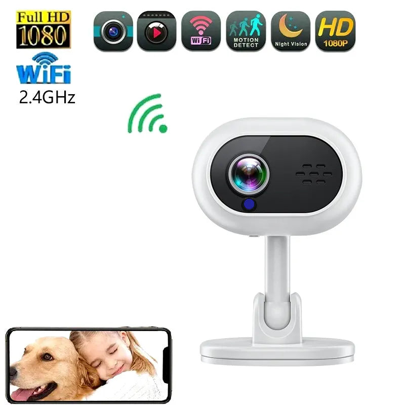 White 1080P HD mini WiFi IP camera with night vision for home monitoring