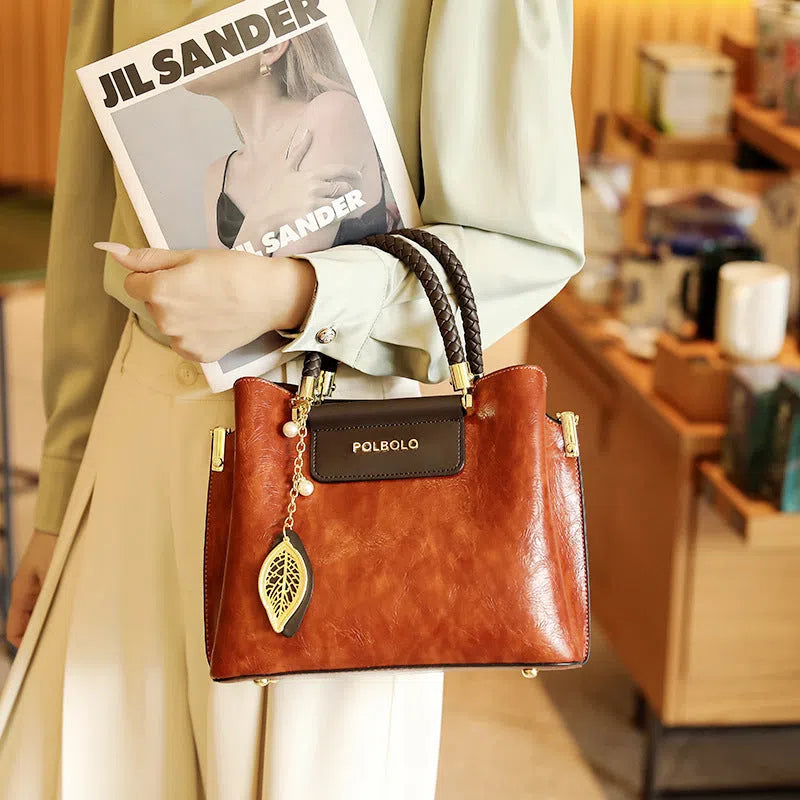 Genuine leather large-capacity tote bag for women mid-age mom style horizontal rectangular shape