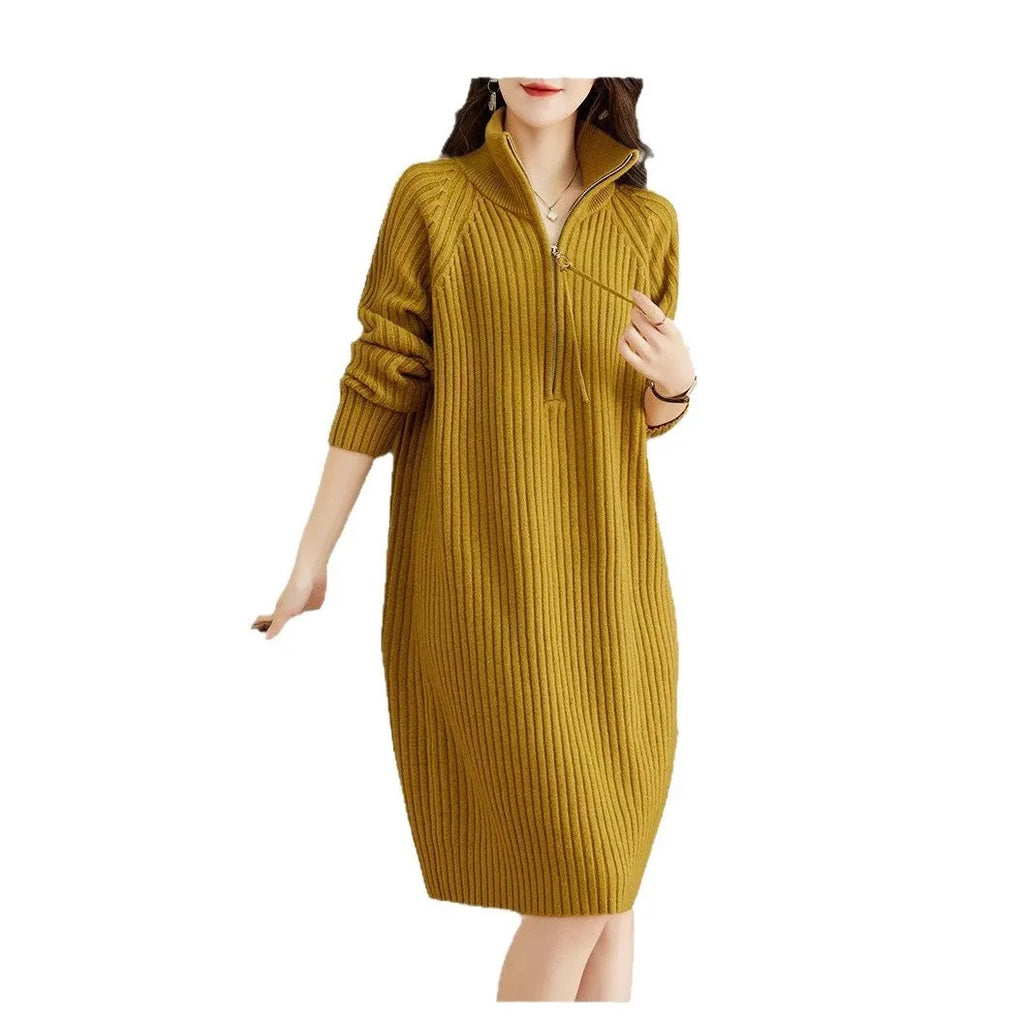 Beige woolen skirt with half zipper front, stand collar and loose long sleeves in straight dress silhouette