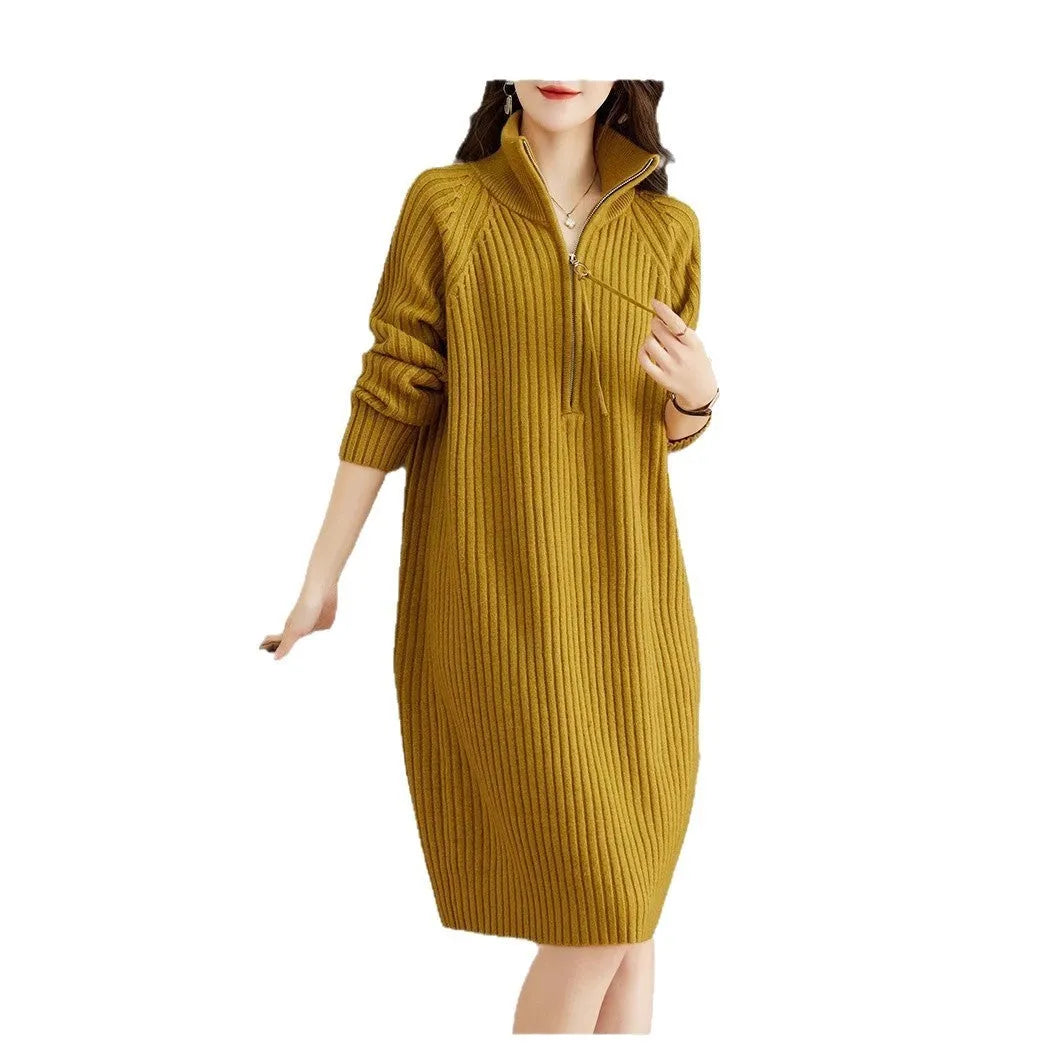 Beige woolen skirt with half zipper front, stand collar and loose long sleeves in straight dress silhouette