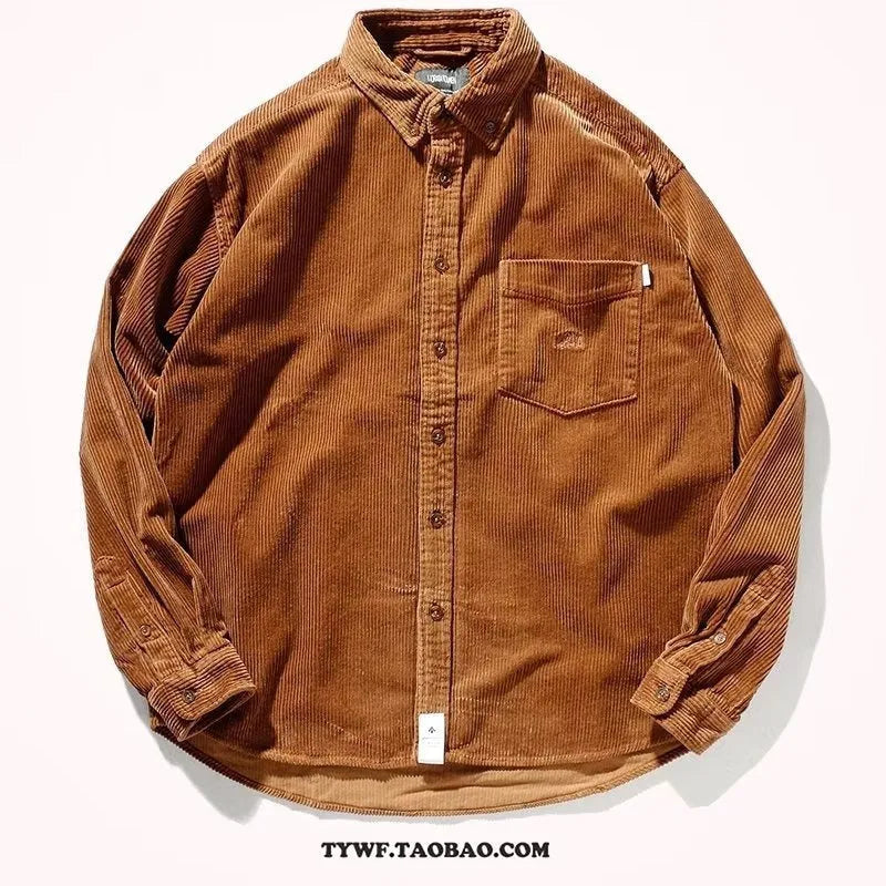 Caramel loose-fit corduroy long sleeve shirt with Hong Kong style collar.