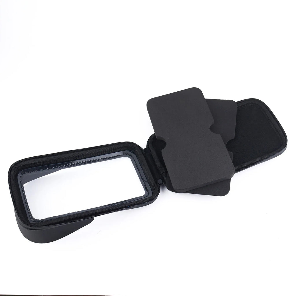 Black bicycle-mounted waterproof phone bag attached to handlebars with 6.5-inch phone capacity