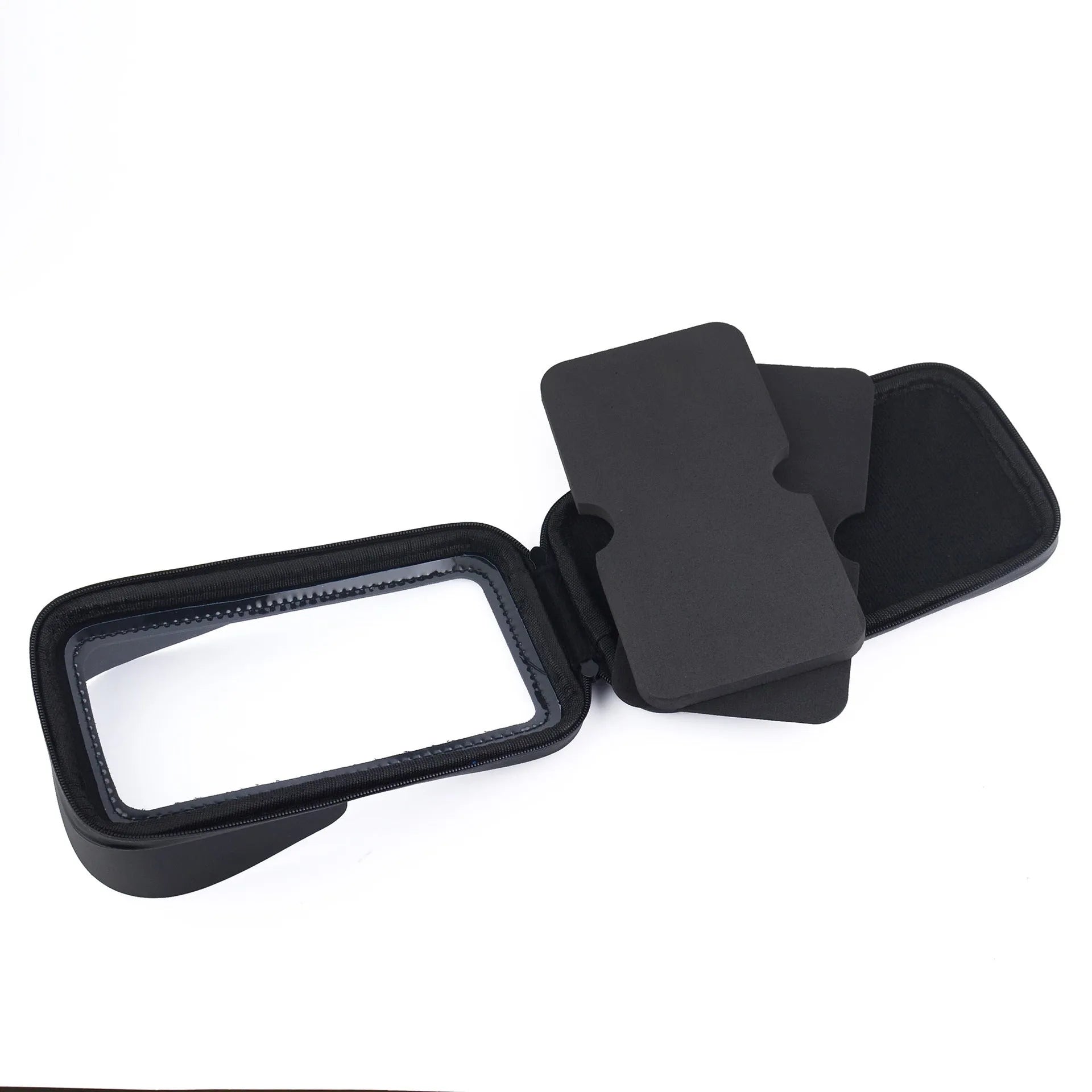 Black bicycle-mounted waterproof phone bag attached to handlebars with 6.5-inch phone capacity