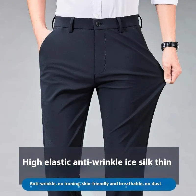 Summer ice silk thin non-ironing men's business casual pants in black, side view