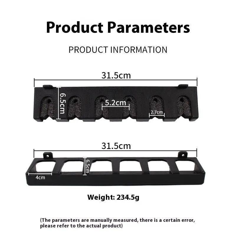 Black ABS plastic wall-mounted fishing rod storage rack showing horizontal and vertical mounting options