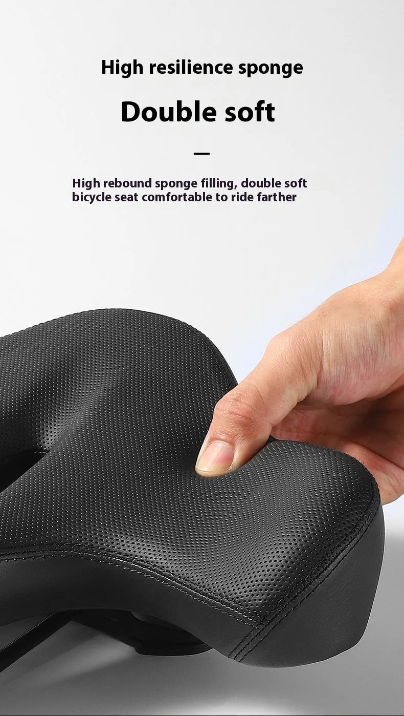 Black large thick bicycle saddle cushion made of polyurethane foam for shock absorption.