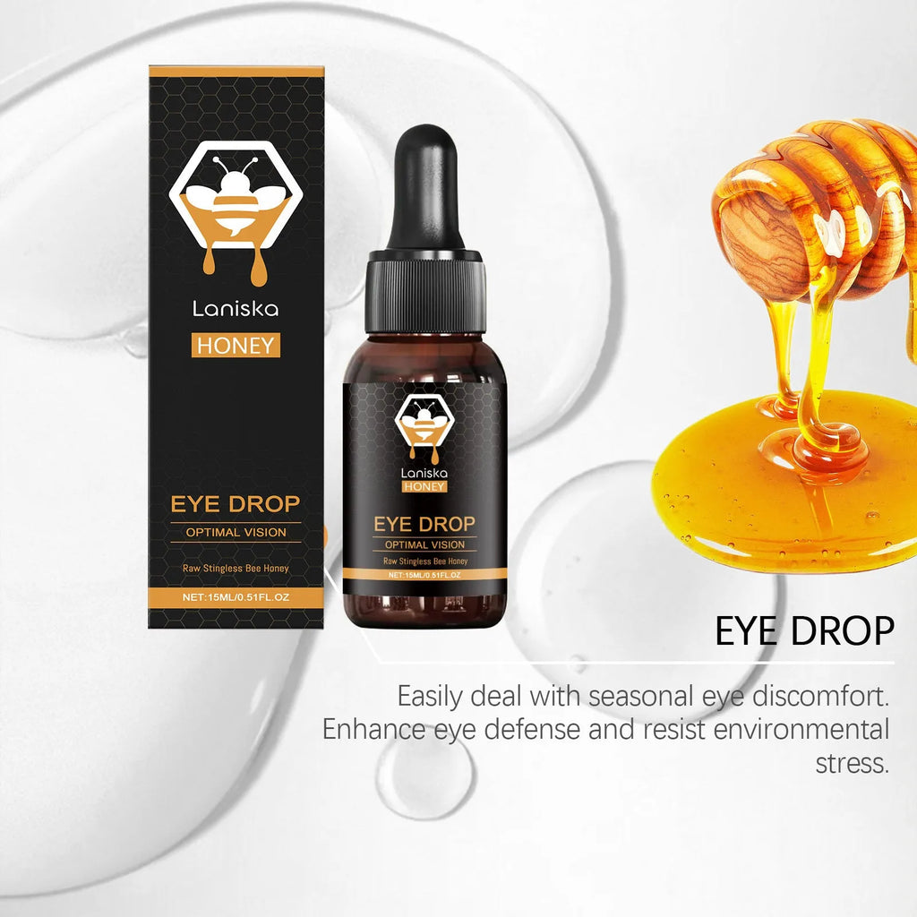 15ml bottle of honey eye drops for dry eye relief on a plain background.