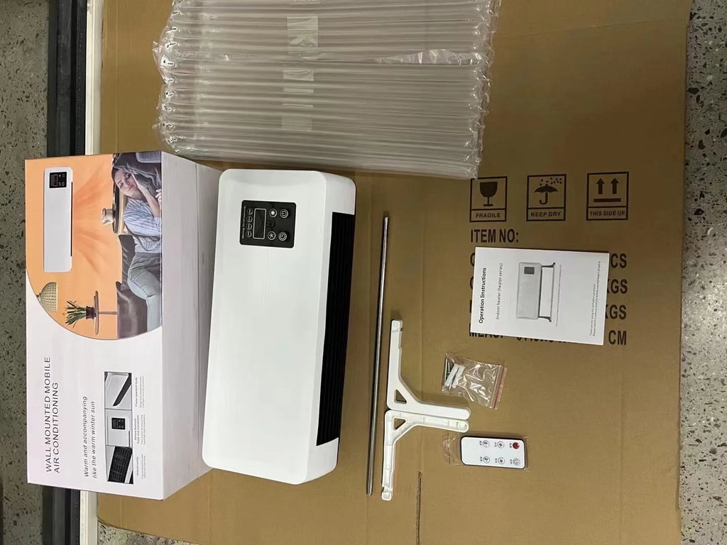 White wall-mounted warm air blower bathroom heater with digital temperature control, 42x18x12cm