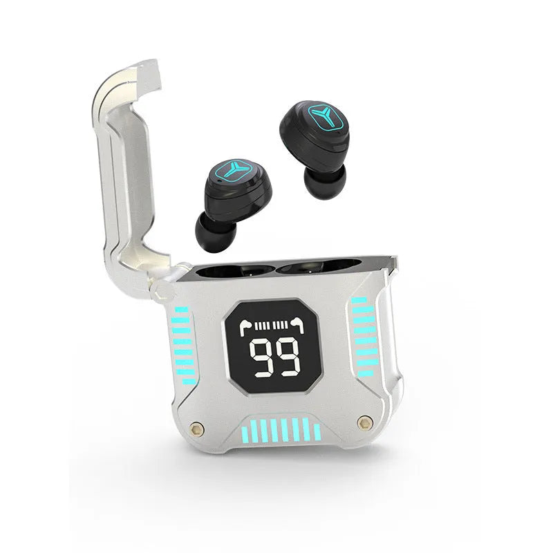 M58 wireless Bluetooth headset in gray with digital display and breathing light for gaming and sports